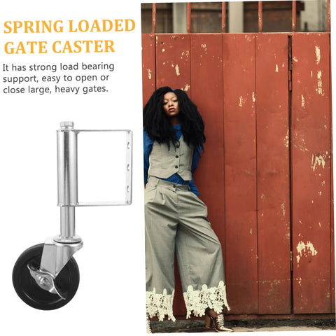 Heavy Duty Spring Loaded Gate Caster Wheels Set Featuring Rust Resistant Black Steel Build And Rock Solid Load Capacity For Hassle Free Swinging On Big Outdoor Property Gates with strong load support.