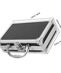 Heavy Duty Metal Briefcase Toolbox With Rugged Handle And Smart Compartments Built Solid For On The Go Handymen Fixing Cars Or Stashing Daily Gear, shown from the top with dimensions.