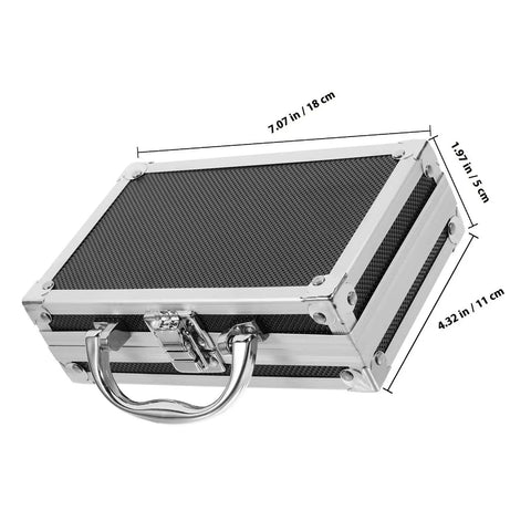 Heavy Duty Metal Briefcase Toolbox With Rugged Handle And Smart Compartments Built Solid For On The Go Handymen Fixing Cars Or Stashing Daily Gear, shown from the top with dimensions.