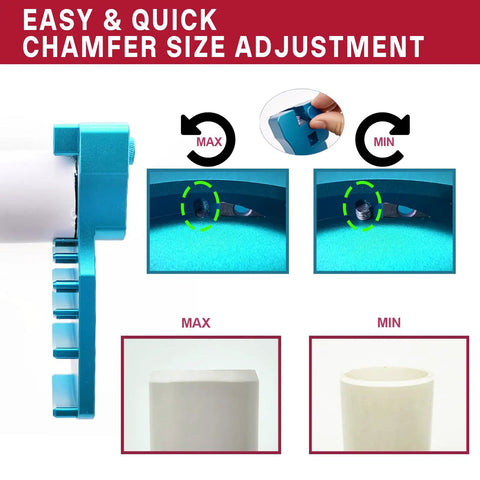 9 In 1 Pvc Pipe Deburring And Chamfering Tool Kit Handles Inner Outer Sizes With Adjustable Depth Guard displayed adjusting chamfer size from max to min.