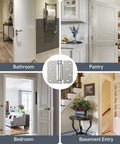 Top Shelf 4 Pack Self Closing Door Hinges With Adjustable Spring Tension No Sweat Setup shown in bathroom, pantry, bedroom, and basement entry.