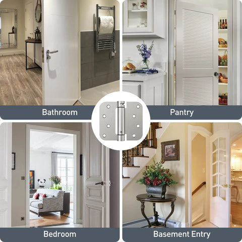 Top Shelf 4 Pack Self Closing Door Hinges With Adjustable Spring Tension No Sweat Setup shown in bathroom, pantry, bedroom, and basement entry.
