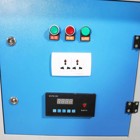 Control panel of Rugged Metalworking Down Draft Table Dust Collector Vacuum with buttons and digital display for operation.