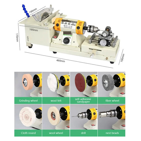 Premium 850W Mini Bench Grinder and Jade Polishing Table showcasing grinding, polishing wheels, and drill attachments.