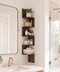 Total Game Changer Corner Wall Shelves Five Tier Floating Storage Rack With Trendy Zigzag Design Columbia Walnut Finish organized in bathroom decor.