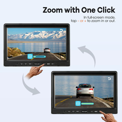 Dual Wireless Backup Camera System With 10.1 Inch HD Monitor showcasing zoom feature for easy reversing in RVs.