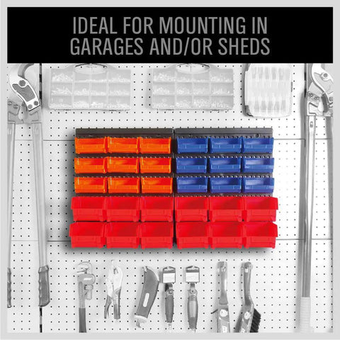 30 Bin Wall Mounted Storage Rack System for Heavy Duty Garage Organization with Pegboard Panels for holding screws, nuts