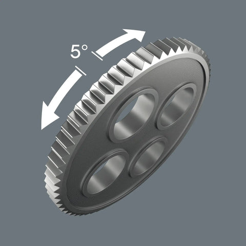 Close-up of ratchet gear in Kraftform Kompakt Zyklop Pouch Set With 26 Piece Ratchet Kit, showing 5-degree movement.