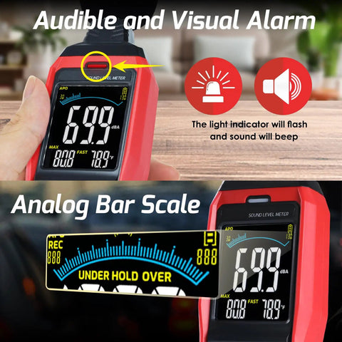 Sound Level Data Logger With Real Time Decibel Readouts 30 To 130 dB Range highlighting audible and visual alarm features