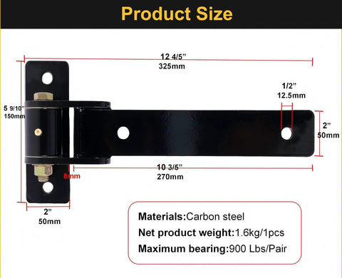 13 Inch Heavy Duty Gate Hinges Solid Carbon Steel 900 Lbs Capacity with dimensions and weight details