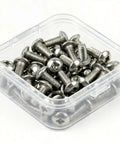 Top Shelf Grade A 304 Stainless Steel Button Head Phillips Machine Screws M2.5 X 8MM 100 Piece Bulk Box in a clear container.