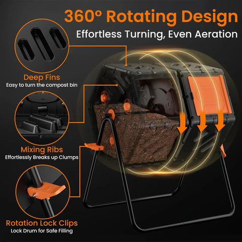 Two Chamber Outdoor Compost Bin With 170L Capacity, Dual Reversing Drum view showcasing 360° rotating design and deep fins.