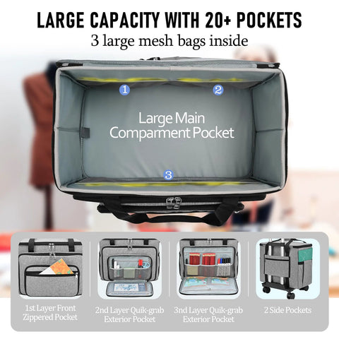 Open view of rolling bag with detachable dolly showing large compartment and multiple pockets, grey color