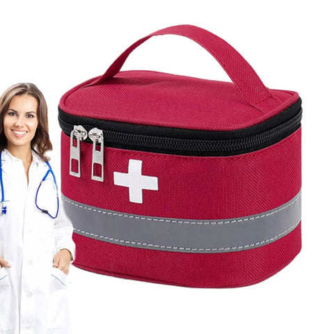 Multilayer Waterproof Medical Organizer Bag For Travel in red with easy carry handle and doctor in background