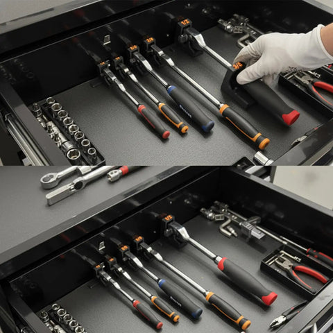 Top view of Magnetic Ratchet Holder Set For Toolbox with 3 modular holders for one quarter, three eighths, and one half inch tools.