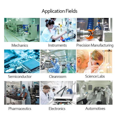 AAwipes lint-free cleanroom wipes collage of application fields: mechanics, instruments, manufacturing, semiconductors, labs