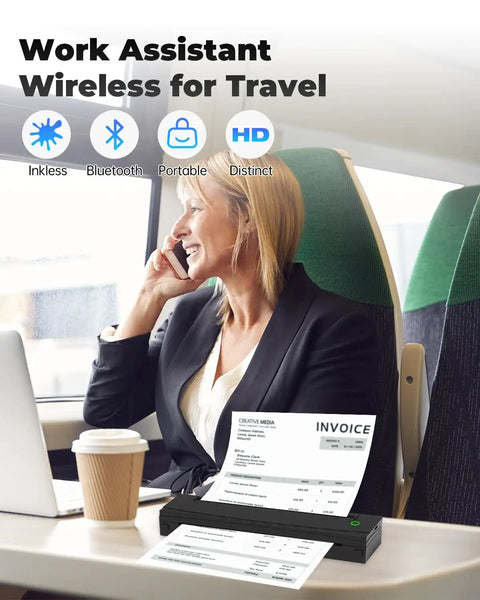 Portable Thermal Printer D80 Wireless For Travel And On The Go Inkless Printer That Really Works With iOS Android And Laptop in use in a train setting