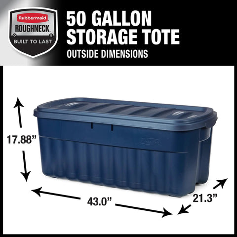 Heavy Duty 50 Gallon Stackable Plastic Storage Totes Two Pack With Secure Lids And Carry Handles Tough As Nails For Garage Junk Or Camping Gear Made In Usa side view showing dimensions 43.0" x 21.3" x 17.88"