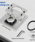 Superior Hollow Rotary Actuator For 86 Stepper Motor With Bulletproof Aluminum Body And No Fuss Belt Tuning For Spot On Angle Positioning and Straight Out The Box Direct Drive Alternative product packing list with main body, timing belt, wrenches, and spare pulley.