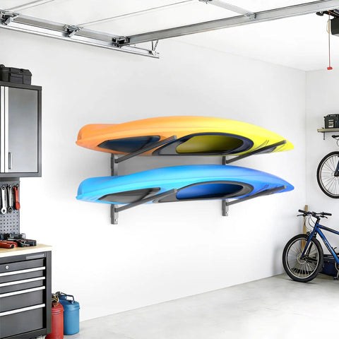 Kickass Heavy Duty Four Tier Kayak Storage Rack With Adjustable Wall Mount For Paddle Gear Organizer Solid Steel Frame with two kayaks on wall