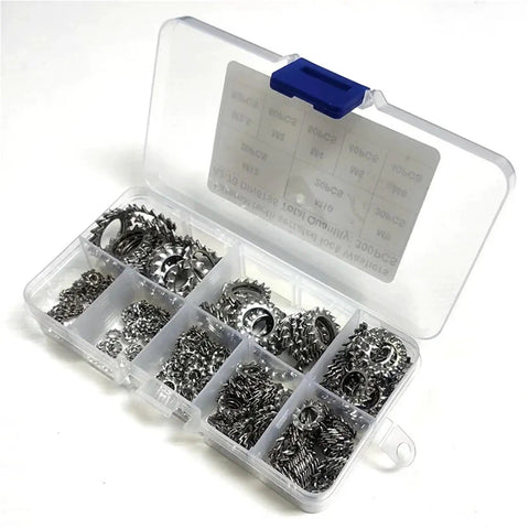 Stainless Steel 304 External Toothed Washers Set 300 Piece Serrated Lock Gasket Assortment in clear plastic case