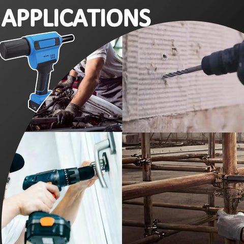 Cordless Brushless Rivet Gun With 20V Battery, Quick One Touch Stainless Steel Fastening Tool, used in automotive and construction.