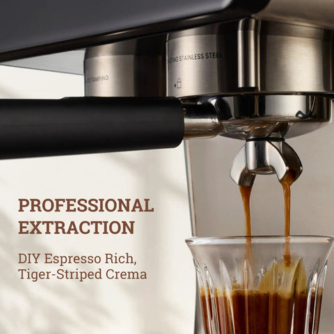 One Touch Auto Grind Espresso Machine With Smart Dosing And Brushed Stainless Steel Finish designed for barista coffee extraction.