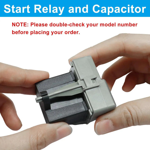 Heavy Duty Refrigerator Start Relay Run Capacitor Kit compatible with Whirlpool W10189190 W10662129 in hands.