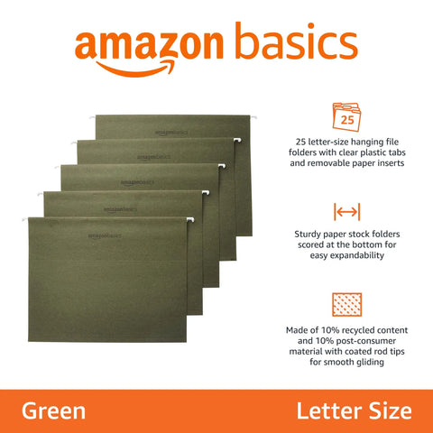 Heavy Duty Green Hanging File Folders With Adjustable Tabs And Removable Label Inserts For Standard Letter Size Papers, set of five shown.