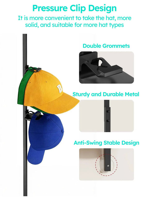 Pressure clip design of Heavy Duty Metal Hat Organizer For Baseball Caps Over The Door Cap Rack showing three caps.
