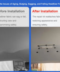 Universal Car Roof Headliner Repair Kit With 262 Piece Set Including Push Pin Fasteners And Screwdriver For Hassle Free Diy Sagging Interior Liner Fix On Most Rigs And Rides In Black showing before and after installation.
