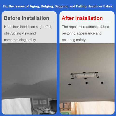 Universal Car Roof Headliner Repair Kit With 262 Piece Set Including Push Pin Fasteners And Screwdriver For Hassle Free Diy Sagging Interior Liner Fix On Most Rigs And Rides In Black showing before and after installation.