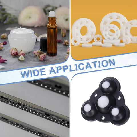 50 Piece White Nylon Bearing Balls 3mm Diameter G1 Precision Tolerance set with various uses and applications displayed.