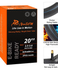 Box and close-up of Two Pack Beefy 20x3 E-Bike Inner Tubes For Fat Tires 64/76-406 AV32mm Schrader Valve