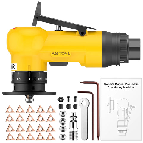 Mini Pneumatic Chamfering Tool With Ten C And Ten R Blades Steel Beveler Machine with accessories and manual on a white background.