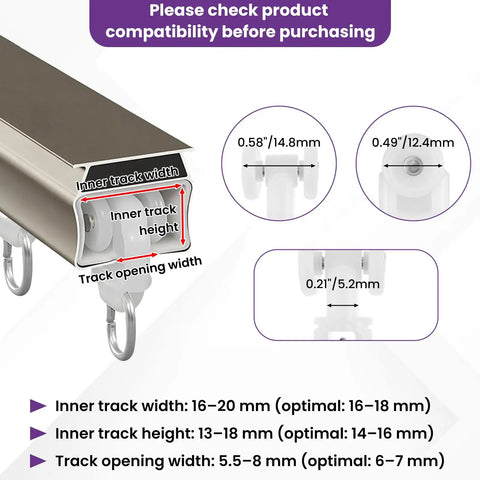 Image of Zero Drama Dual Wheel Curtain Track Gliders 50 Piece Set Silent Rolling Hooks dimensions and compatibility details.