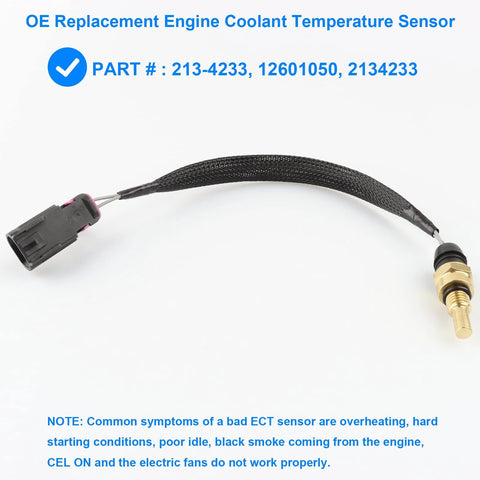 Side view of coolant temperature sensor with brass threaded body, black braided harness, and gray 2-pin connector.