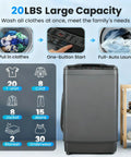 Smooth Operation Compact Portable Washer With Fast Drain Pump And Twenty Pound Laundry Capacity In Classic Gray showing large 20lbs capacity and control panel.