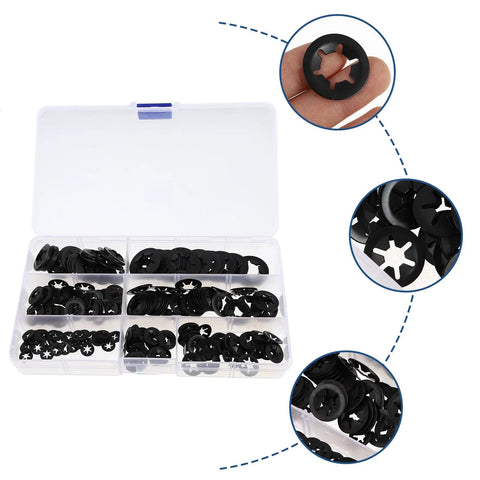 Internal Tooth Serrated Push On Lock Washers Set 280 piece fasteners in box, showing close-up of black serrated washers.