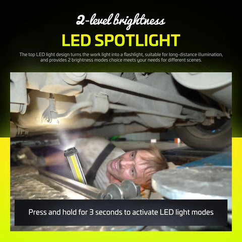 Mechanic under car using Rechargeable COB LED Work Light With Magnetic Base, Hands Free Trouble Light With Hook, IPX4 Waterproof.