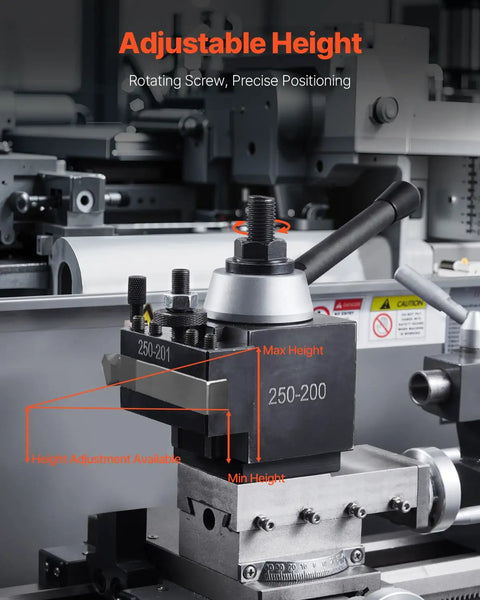 8-Piece Quick Change Tool Post Set For 10 To 15 Inch Lathes With Lathe Tool Holders, adjustable height feature shown