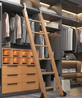Stainless Steel Sliding Barn Door Track Kit With Smooth Rolling Floor Wheels For Stress Free Loft Ladder Access Library Organization And Indoor DIY Home Upgrade Projects, with wooden ladder and organized closet.