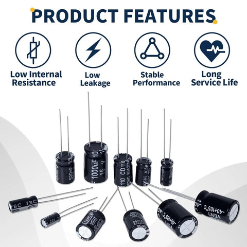 Killer Electrolytic Capacitor Assortment Kit With 630 Pieces And 24 Values Covering 0.1uF To 1000uF Aluminum capacitors features.