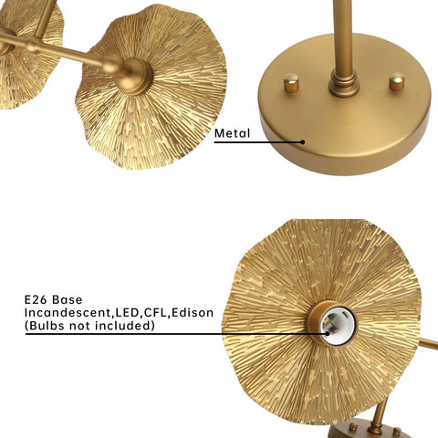 Close-up of Two Light Industrial Metal Wall Sconces with Antique Brass Flower Ripple Shade, E26 base, metal construction