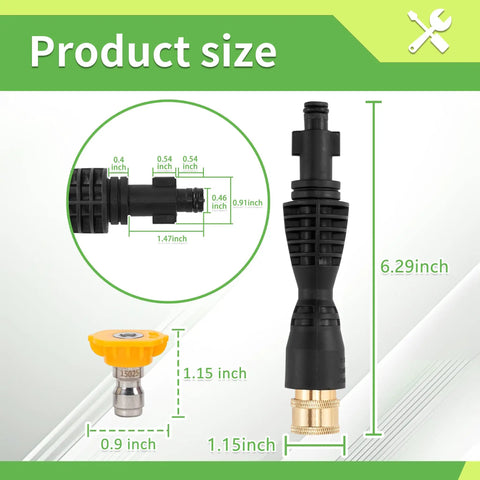 Foam Cannon With Dual Connectors For Pressure Washers, Double Tip Soap Cannon Attachment size details, showing nozzle dimensions.