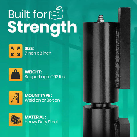Close-up of 7 Inch Weld On Hinges For Metal, Black Barrel Hinge Set, Heavy Duty Steel with 1102 lbs capacity, built for gates.