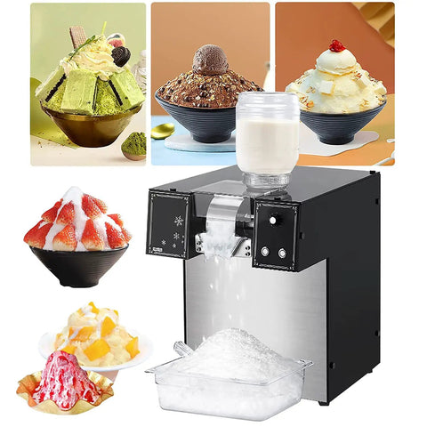 Commercial Electric Ice Shaver Machine With Adjustable Thickness For Snow Cones Slushies Smoothies Milk Tea And Bar Cocktails Stainless Steel Durable And Easy To Clean producing shaved ice with assorted desserts in background.