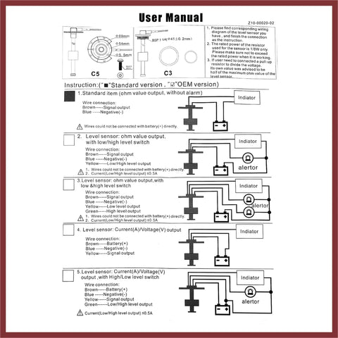 User manual diagram for Built Tough Heavy Duty Universal Marine Fuel Sending Unit showing wiring connections and output options.