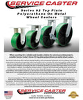 Extra Heavy Duty Six Inch Swivel Caster Set with green polyurethane wheels and tough cast iron core, ideal for heavy loads.