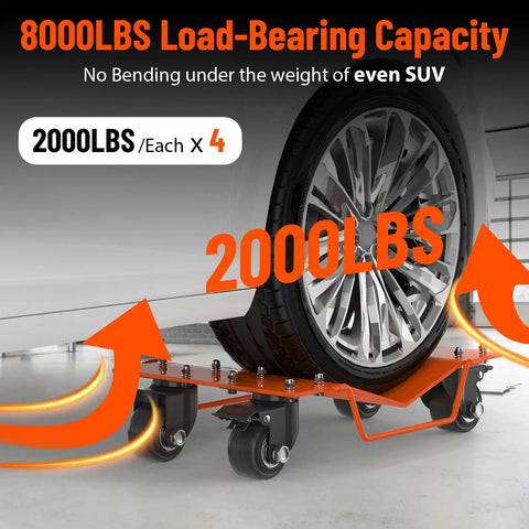 Heavy Duty Car Wheel Dolly Set Four Pack Heavy Gauge Steel Build Rust Proof Finish No Hassle Setup For Smooth Garage Rolling Of Cars Trucks And Small Vessels Ready To Haul Any Ride Orange with 8000lbs capacity.